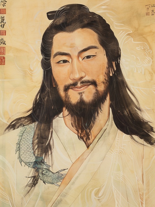 一幅中国画，画中是一位古代的男子，他留着长长的黑发和胡须，穿着一件绣有宋代蓝龙的白色汉服。他有着细长的眉毛和胡须，目光直视前方，微微微笑，眼睛凝视着远方。背景是淡黄色的纸，有精细的笔触和丰富多彩的墨水渲染。它以宋代艺术家的风格，具有高分辨率和高品质的特点。