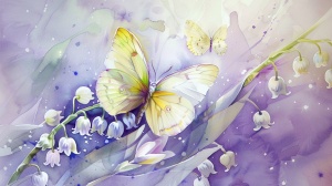水彩画，淡紫背景，两只浅黄蝴蝶，白色透明铃兰花