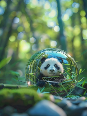 Miniature landscape, landscape bamboo forest, ablack and white panda, in a qlass bowl, 3d stereoeffect of the mountain, blue and qreen color, gololines, natural light, blurred foreground,HD 8k