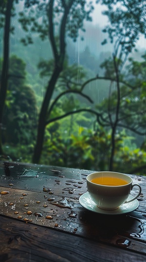 雨中树林小层，喝茶愉悦自然冶愈安全