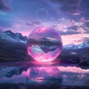 At night,This is surreal and complex CG rendering, transparent, starlight, round crystal, CG3D effect, volume light, super wide angle, sky, pink white light reflection,Tyndall light effect，super shocking reality 8K that affects complex details, Marc ADAMUS landscape photography, stereo light in real life, symmetry, 8K.HD ar 2:3 style raw stylize 750 v 3