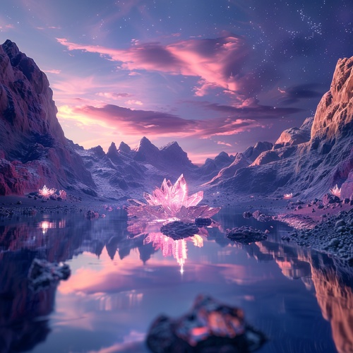 At night,This is surreal and complex CG rendering, transparent, starlight, round crystal, CG3D effect, volume light, super wide angle, sky, pink white light reflection,Tyndall light effect，super shocking reality 8K that affects complex details, Marc ADAMUS landscape photography, stereo light in real life, symmetry, 8K.HD ar 2:3 style raw stylize 750 v 3