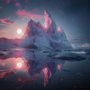 At night,This is surreal and complex CG rendering, transparent, starlight, round crystal, CG3D effect, volume light, super wide angle, sky, pink white light reflection,Tyndall light effect，super shocking reality 8K that affects complex details, Marc ADAMUS landscape photography, stereo light in real life, symmetry, 8K.HD ar 2:3 style raw stylize 750 v 3