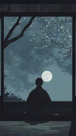 画面切换到诗人的特写，他仰起头，目光穿透窗户，望向夜空中的明月，眼中流露出深深的思念。