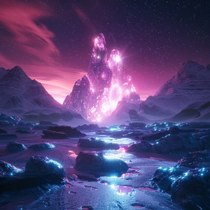 At night,This is surreal and complex CG rendering, transparent, starlight, round crystal, CG3D effect, volume light, super wide angle, sky, pink white light reflection,Tyndall light effect，super shocking reality 8K that affects complex details, Marc ADAMUS landscape photography, stereo light in real life, symmetry, 8K.HD ar 2:3 style raw stylize 750 v 3