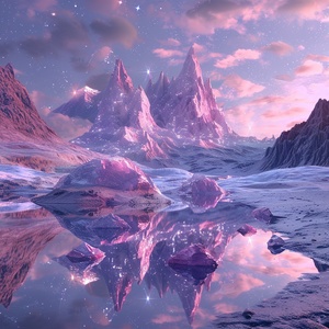 At night,This is surreal and complex CG rendering, transparent, starlight, round crystal, CG3D effect, volume light, super wide angle, sky, pink white light reflection,Tyndall light effect，super shocking reality 8K that affects complex details, Marc ADAMUS landscape photography, stereo light in real life, symmetry, 8K.HD ar 2:3 style raw stylize 750 v 3