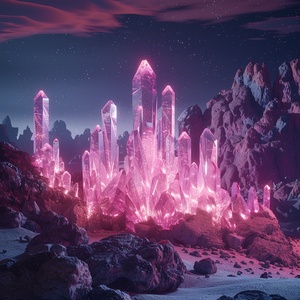 At night,This is surreal and complex CG rendering, transparent, starlight, round crystal, CG3D effect, volume light, super wide angle, sky, pink white light reflection,Tyndall light effect，super shocking reality 8K that affects complex details, Marc ADAMUS landscape photography, stereo light in real life, symmetry, 8K.HD ar 2:3 style raw stylize 750 v 3