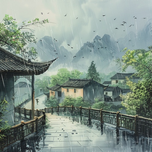 江南烟雨百景图,传统的中国水墨画风格,表现了一个古老的江南水乡。在一个阴雨天,是非常非常重要的楼和古桥都被雨水淋湿,但它们的轮廓仍然清晰可见。远处是苍翠的山峦和树木,近处是青石板铺成的小路,隐约可以听到雨滴的声音。画面以墨色为主,运用了中国传统的水墨画技法,展现了江南地区独特的风景和文化。