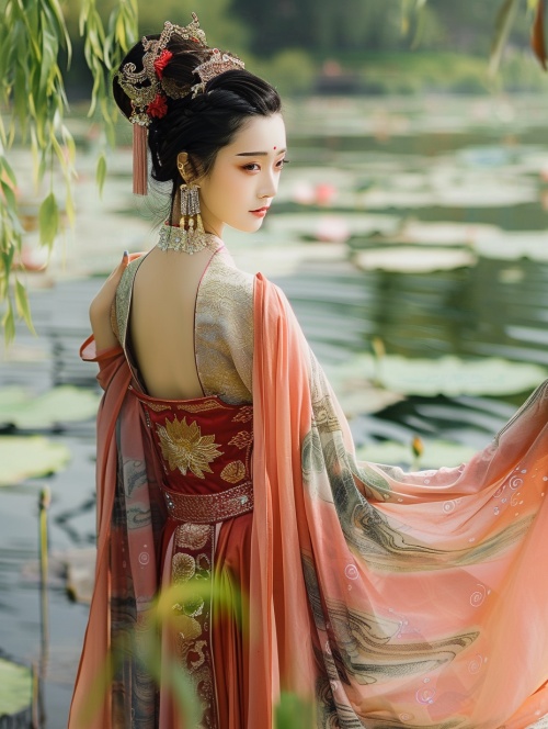A beautiful woman in ancient costume, with either light or heavy makeup, standing by the West Lake, complementing the beauty of the scenery