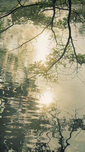 随着镜头的移动，阳光透过树梢，斑驳地洒在水面上，形成明暗交错的光影。水面波光粼粼，树影婆娑，展现出一种宁静而柔美的景象。