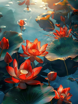 Bright red lotus flowers shining under the sun with charming reflections on the petals in a Chinese style