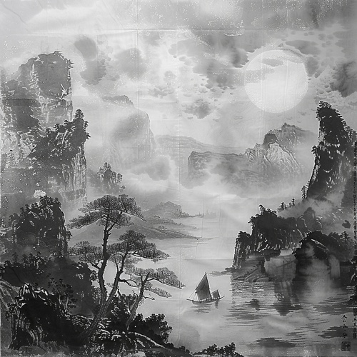 中国古代水墨画，大场景，平视，左边是山右边是水，山上有几颗小树，右边有一个太阳，水里有一艘小船，右边角落有几座没有左边高的小山，黑白配色，画面高级神秘，充满意境