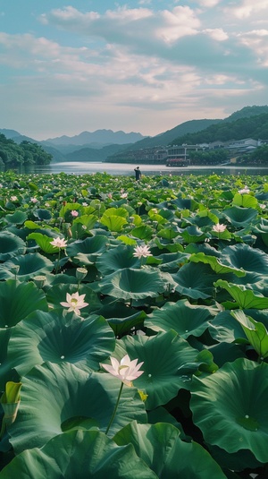 镜头缓缓拉开，一个男人站着。河面上布满了翠绿的莲叶，莲花点缀其间，微风吹过，莲叶轻轻摇曳。远处的青山和近处的水乡建筑相映成趣，水面波光粼粼，天空蓝天白云