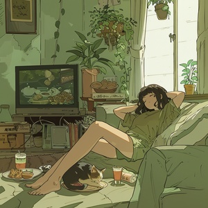 A girl lying on the sofa watching TV, with food and drinks next to her. There is an anime style cartoon scene in the background of home decoration. A cat is sleeping beside her. The scene is in the style of Hayao Miyazaki anime, with high definition details and delicate colors. The light green living room provides a green background, with green skirt v 5.2  ar 3:4 s 25