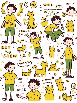 There was a cute little boy with a cat, happy, full frame cute doodle art, green and yellow, white background, Keith Haring, stick figure. youthful, cute, anthropomorphic, doodles, sharpie illustrations, bold lines