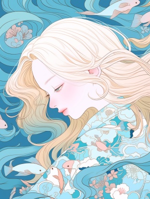 Animal wallpaper of a beautiful woman with long blonde hair,In the style of joyful and optimistic,with lo-fi aesthetics,in a sky-blue style,featuring playful expression and depicting everyday life with curvilinear detaila,incorporating elements of gongbi,a traditional chinese painting technique