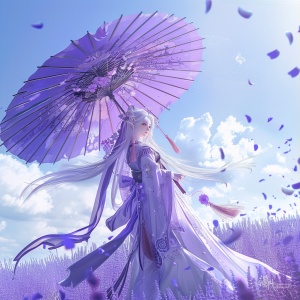 广角照片，晴天，薰衣草背景，空中飘着紫色的花瓣，白头发汉服少女，撑着紫色的伞，水墨风格