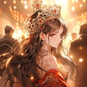一个中国女孩，非常漂亮，在灯光闪烁的舞厅里，身穿华丽的礼裙非常耀眼，戴着昂贵的首饰，漂亮的王冠