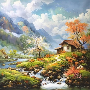 山水如画的美，白云飘逸，阳光洒向山间，泉水流敞，绝美的风景，草屋伫立，旅游的好地方。