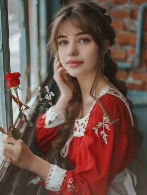 一个可爱的俄罗斯女孩,穿着带有白色袖子和小花的红色裙子,手里拿着玫瑰花,。在俄罗斯的街头等情人，她有长长的头发、大大的眼睛、微笑的脸庞,照片展示的是她的全身照,,脚上穿着运动鞋。照片的背景是俄罗斯街头梦幻的橱窗,柔和的光线捕捉了她自然的表情和快乐的微笑。这张照片的风格让人想起梦幻般的浪漫摄影风格。