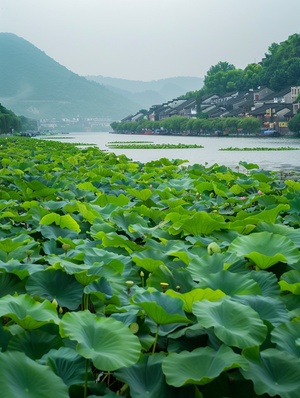 镜头缓缓拉开，展现出江南水乡的全景。河面上布满了翠绿的莲叶，莲花点缀其间，微风吹过，莲叶轻轻摇曳。远处的青山和近处的水乡建筑相映成趣，水面波光粼粼。