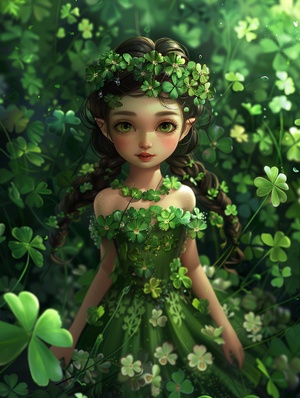 cartoon girl in a green dress with shamrocks and a tiable, a detailed drawing by Lü Ji, cgsociety, gothic art, cgsociety 9, background full of lucky clovers, cute! c4d