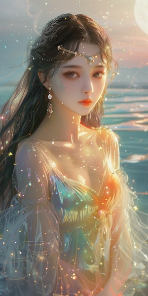 Chinese oil painting style, with a background of the sea and moonlight shining on it. Front view, upper body portrait, a beautiful Sailor Moon wearing a rainbow colored white dress with long hair draped over her shoulders,looking at the camera. The light passes through her, forming glowing stars that sparkle in front of them, creating dreamy and romantic scenes. She is wearing exquisite makeup, a pair of silver gray big eyes, with moon marks on her forehead, and she is wearing earrings made of crystal glass