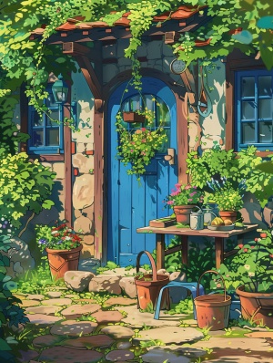 Enchanted Garden: Small House with Blue Door and Green Plants