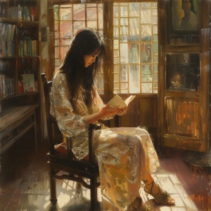 中国女孩坐在椅子上安静的读书，阳光洒满小屋，非常温馨浪漫