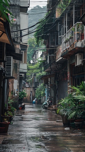 雨天小巷子中的宁静治愈