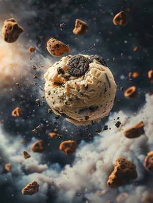 A planet made of cookies and cream ice cream, floating in space with some rocks flying around it.Product photography and food photography with dramatic lighting in the style of cinematic.