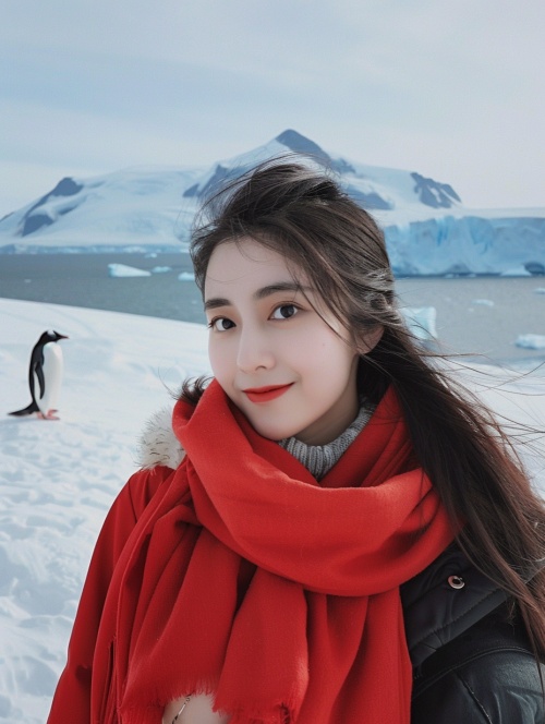全身，企鹅，带着可爱的笑容看着镜头，美丽的16岁中国女孩，企鹅背景，北欧雪景风光摄影，广角镜头，冰川，深蓝色的大海，远处的雪山