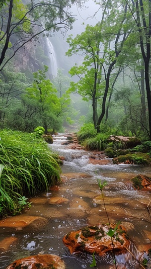 在雨季，在中国野外高山、瀑布、溪水、树林、绿色植物、竹林、雨点落叶、鲜花盛开、自然风光、暖色调、宁静、温馨、舒适、宽阔的摄影、电影般的感受。高清晰度的自然风格的摄影。9：16节