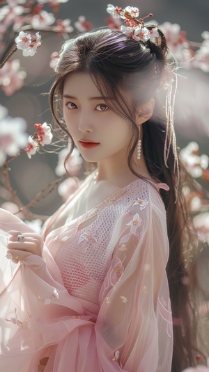 Chinese beauty, wearing a pink skirt and white mesh top with long hair, posing for photos in front of the camera. The background is flowers blooming in the style of riverside, with soft tones and warm lighting. She has exquisite features on her face, giving people an elegant feeling in the style of . ar 17:30