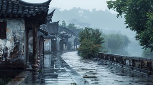 江南烟雨百景图,传统的中国水墨画风格,表现了一个古老的江南水乡。在一个阴雨天,是非常非常重要的楼和古桥都被雨水淋湿,但它们的轮廓仍然清晰可见。远处是苍翠的山峦和树木,近处是青石板铺成的小路,隐约可以听到雨滴的声音。画面以墨色为主,运用了中国传统的水墨画技法,展现了江南地区独特的风景和文化。