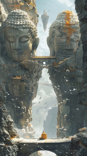 a Chinese stone bridge connects two mountain cliffs left and right , The towering cliffs on the left and right sides of the stone bridge are inlaid with two huge stone Buddha heads . Two Buddha heads face to face looking down at the center of the stone bridge . a bald monk in a yellow robe sits meditating in the middle of a stone bridge . There are many pages of scripture floating around the monks . The sky is full of Buddha light ， Chinese ink painting , art ink painting ，excellent light and shadow , minim