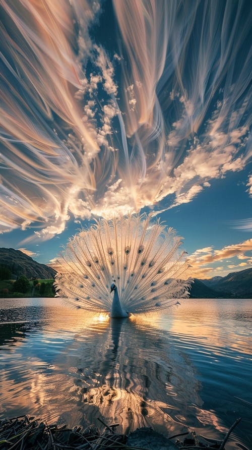 Ten thousand independent white feather clouds float in the sky by a lake,one by one arranged in a radial pattern, resembling the shape of a peacock opening its screen. They are very spectacular, extremely beautiful, super elegant, ultra high-definition, and ultra realistic,sunset,HD