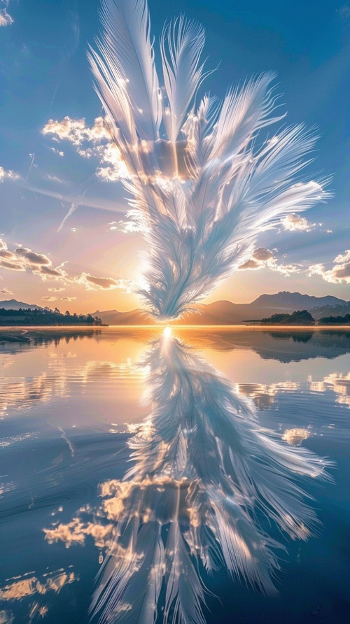 Ten thousand independent white feather clouds float in the sky by a lake,one by one arranged in a radial pattern, resembling the shape of a peacock opening its screen. They are very spectacular, extremely beautiful, super elegant, ultra high-definition, and ultra realistic,sunset,HD