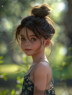 Happy Child with Black Messy Bun in Summer Setting