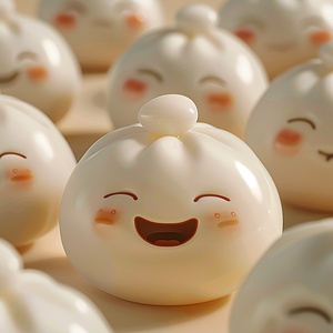 12 cute dumplings, light background, heart- shaped eyes and small white teeth in frontwhen smiling, white face, brown eyebrows, soft lighting, high-resolution rendering, focusing on capturing their cuteness and playfulness, simple design, emphasizing smooth edges without any harsh shadows, cute style C4D model, high resolution.s 50