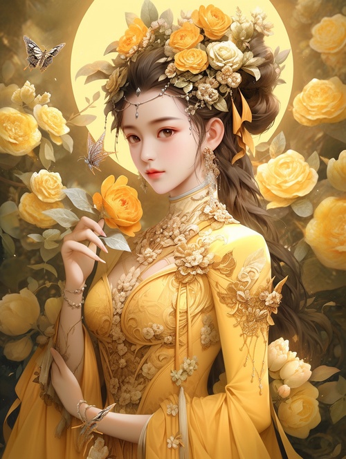 an, ancient,Chinese,woman,,,wearing,a,yellow,hanful,floral,dress,,,with,many,rose,decorations,and,Chinese,punk,crystal,decorations,on,her,head,,,fantasy,,,glowing,,,charming,sharp,big,eyes,,,exquisite,clothing,details,,,with,flowers,and,butterflies,,,yellow,background,there,are,roses,and,green,leaves