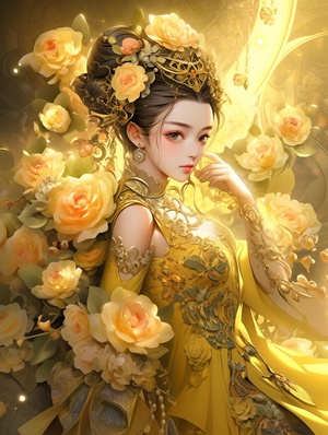 an, ancient,Chinese,woman,,,wearing,a,yellow,hanful,floral,dress,,,with,many,rose,decorations,and,Chinese,punk,crystal,decorations,on,her,head,,,fantasy,,,glowing,,,charming,sharp,big,eyes,,,exquisite,clothing,details,,,with,flowers,and,butterflies,,,yellow,background,there,are,roses,and,green,leaves