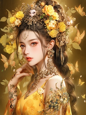 an, ancient,Chinese,woman,,,wearing,a,yellow,hanful,floral,dress,,,with,many,rose,decorations,and,Chinese,punk,crystal,decorations,on,her,head,,,fantasy,,,glowing,,,charming,sharp,big,eyes,,,exquisite,clothing,details,,,with,flowers,and,butterflies,,,yellow,background,there,are,roses,and,green,leaves