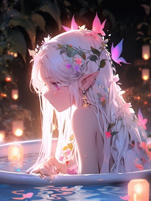 masterpiece, ultra detailed, 1girl, ((long white hair)), elf, fairy, ((pink theme)), ((pink pool)), white bikini, lights, ((glowing pink)), fireflys, ((half body)), swimming in water