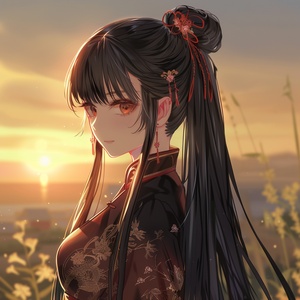 day,sun,on a hill,covr,Chinese,boy,crossdressing,trap,very long hair,black hair,high ponytail,light blush,longeyelashes,expressionless,brown eyes,旗袍