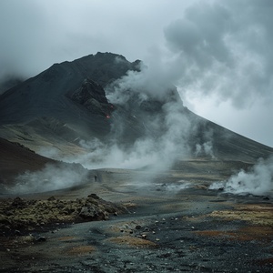 s.mj.runrv72ebpFJWM icelandic volcano, dark clouds, there are some gravel on the ground, mist, a group of travelers ar 2:3 v 5.2