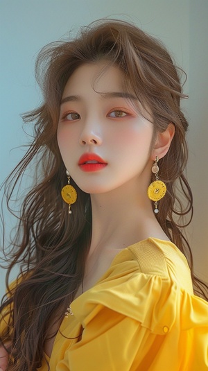 a woman with long hair wearing a yellow top and earrings, beautiful south korean woman, young adorable korean face, beautiful aesthetic face, wan adorable korean face, korean girl, popular korean makeup, gorgeous young korean woman, popular south korean makeup, beautiful young korean woman, with cute - fine - face, girl cute-fine-face, attractive female face!!!, lovely delicate face