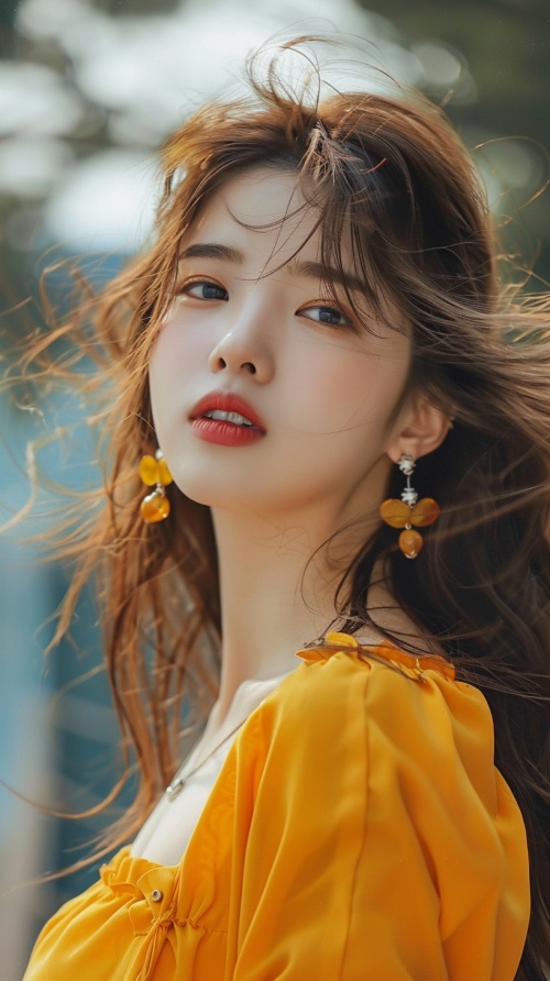 a woman with long hair wearing a yellow top and earrings, beautiful south korean woman, young adorable korean face, beautiful aesthetic face, wan adorable korean face, korean girl, popular korean makeup, gorgeous young korean woman, popular south korean makeup, beautiful young korean woman, with cute - fine - face, girl cute-fine-face, attractive female face!!!, lovely delicate face