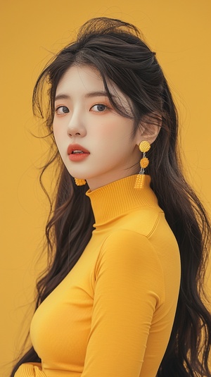 a woman with long hair wearing a yellow top and earrings, beautiful south korean woman, young adorable korean face, beautiful aesthetic face, wan adorable korean face, korean girl, popular korean makeup, gorgeous young korean woman, popular south korean makeup, beautiful young korean woman, with cute - fine - face, girl cute-fine-face, attractive female face!!!, lovely delicate face