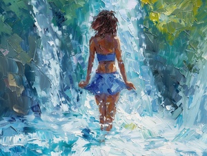 Oil painting on canvas, impressionist tendencies, beautiful girl standing in a waterfall, clavicle close-up, the upper body is above the water surface, very short hairstyle, curvy, expressive brushstrokes, in the style of fantasy art, expressive brushstrokes, I can't believe how beautiful this is, stylize 750.